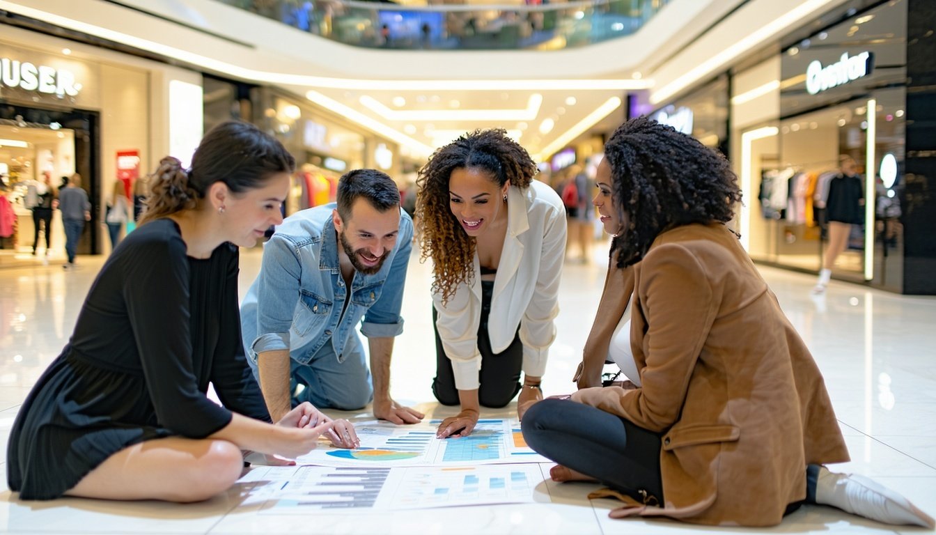 Team collaborating on marketing strategy for a shopping center