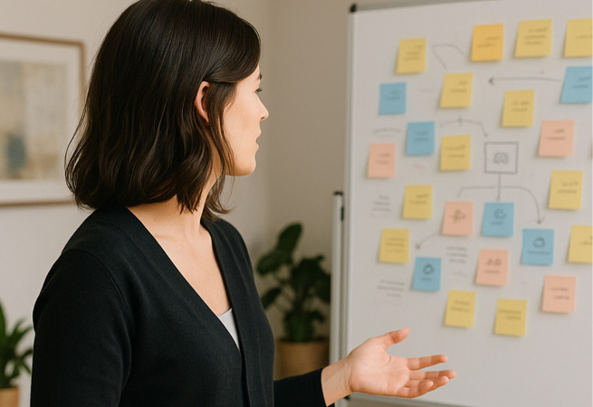 A person gestures towards a whiteboard covered in colorful sticky notes and a flow chart. A person gestures towards a whiteboard covered in colorful sticky notes and a flow chart.